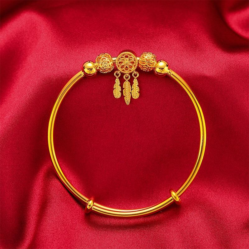 Gelang Manik-Manik Lapis Emas Bahan Kuningan Bentuk Bulu Bunga Gaya Retro Untuk Wanita