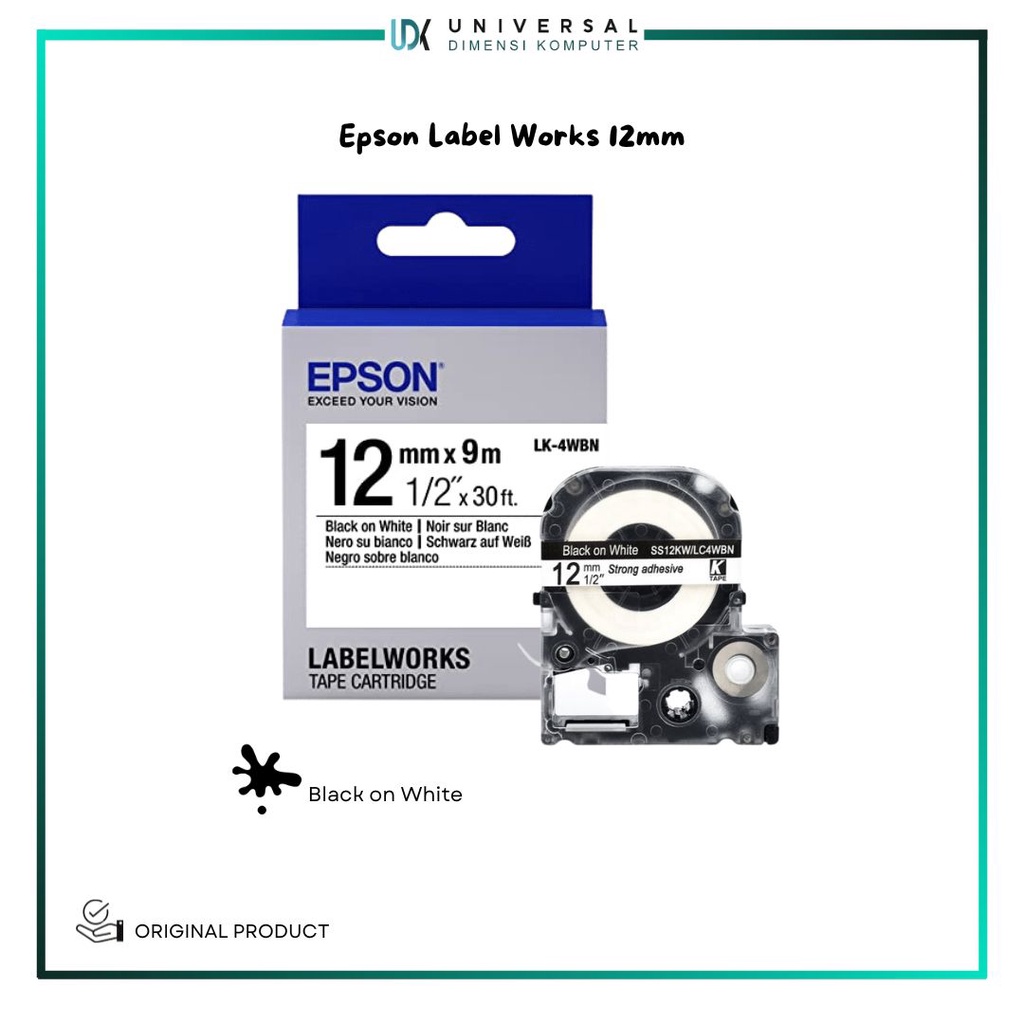 

Epson Label 12mm 9meter Black On White Labelwork Tape Catrigde LK4WBN