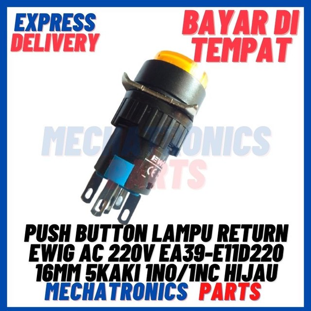[SWI-9073] PUSH BUTTON LAMPU RETURN EWIG AC 220V EA39-E11D220 16MM 5KAKI 1NO/1NC KUNING