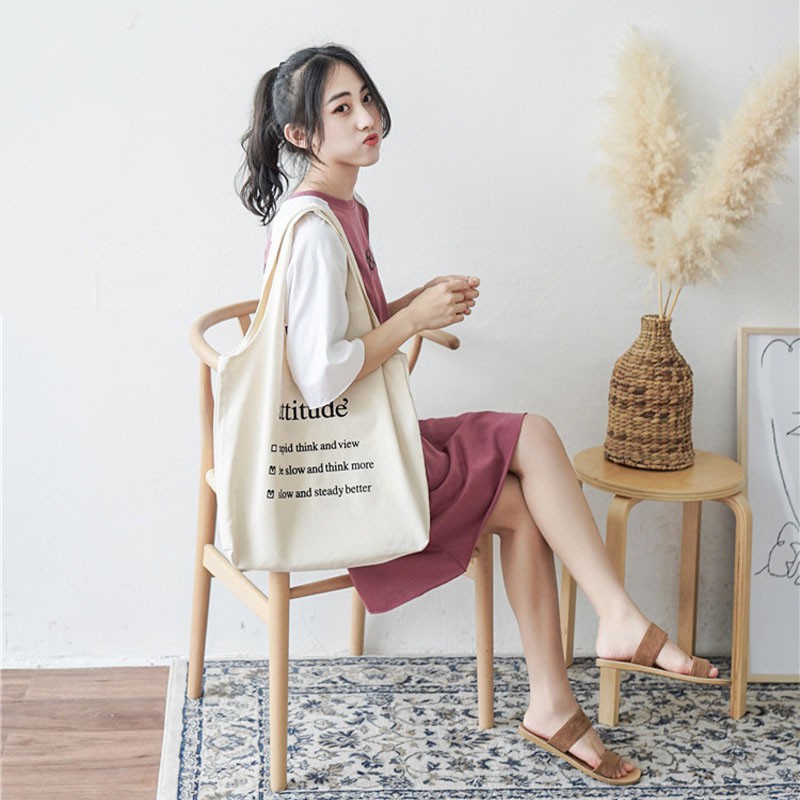 Tas Bahu Tote Kanvas Ukuran Besar Motif Tulisan untuk Wanita