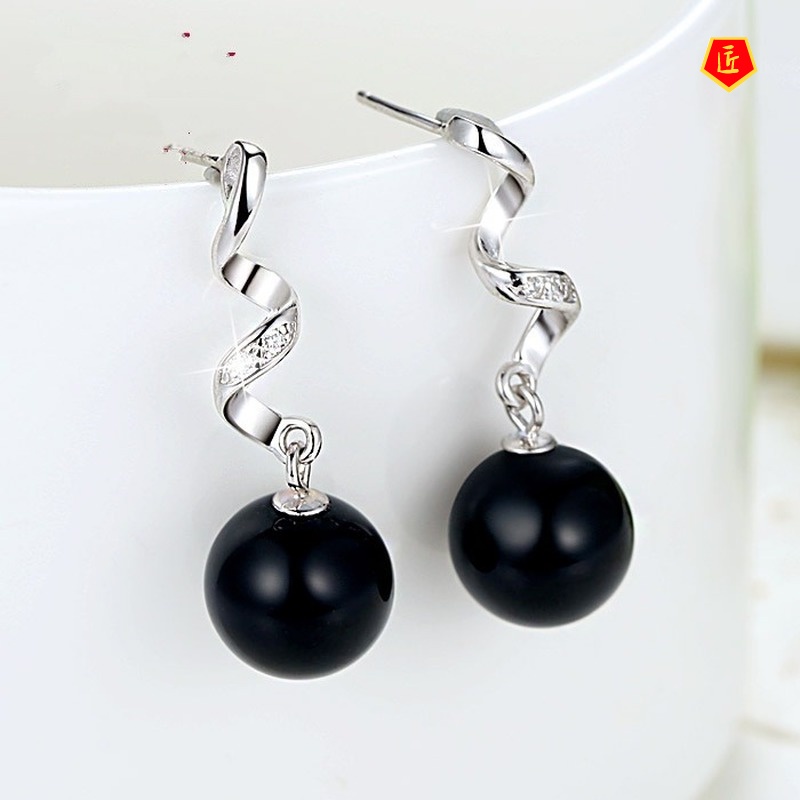 [Ready Stock]Elegant Long Fashion Black Agate Earrings