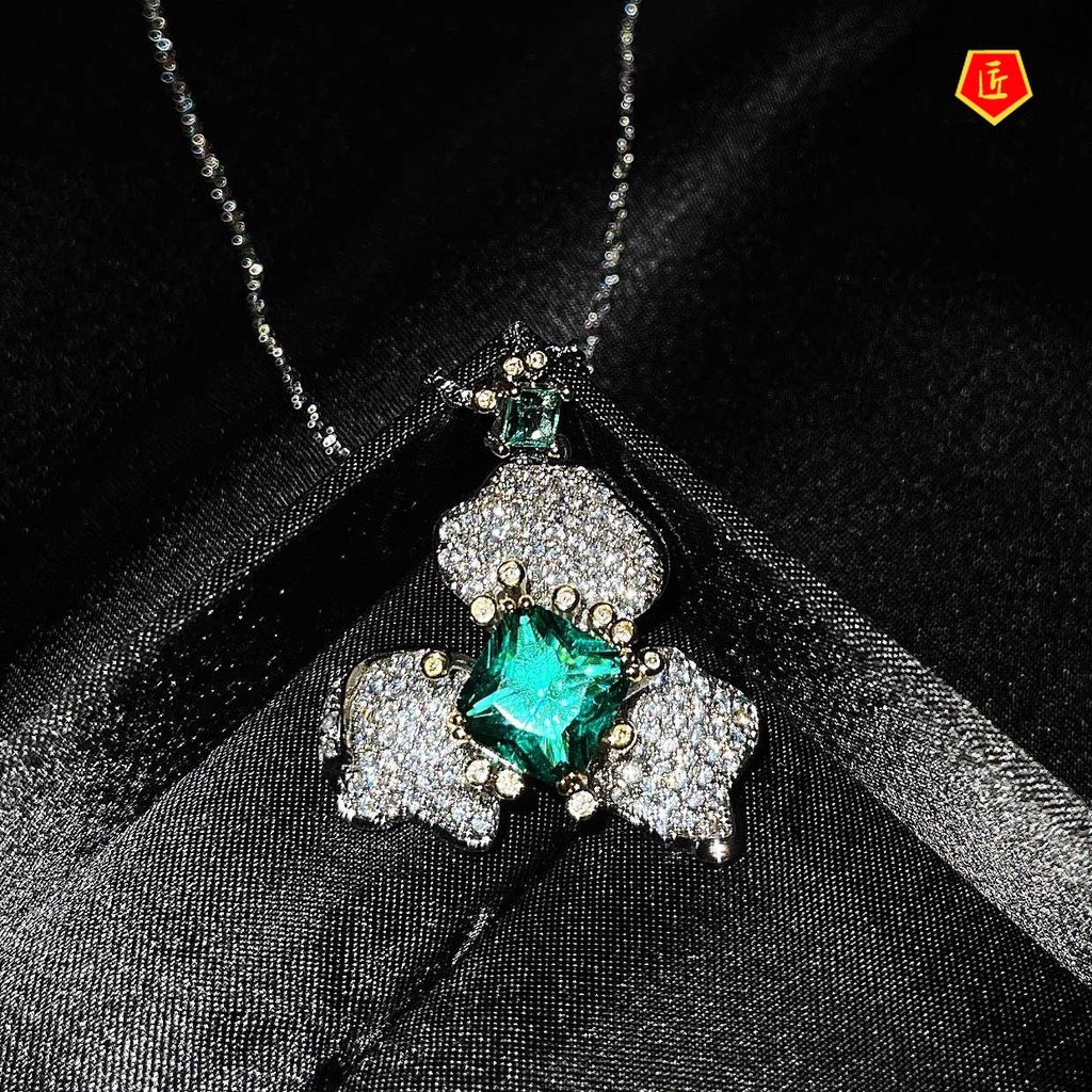 [Ready Stock]High-End Jewelry Flower Stud Earrings Emerald Ring Necklace Set