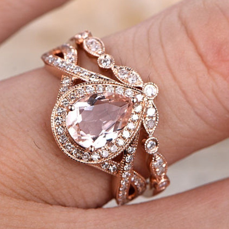 18K Rose Gold 2 Carat Round Morganite and Diamond Halo Bridal Wedding Ring Set