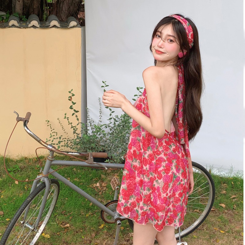 midi dress korea v-neck pinggang tinggi terbuka kembali floral suspender dress rok pendek peri kecil