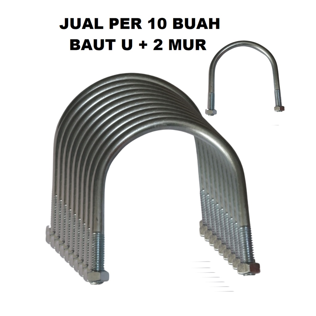 Per 10 Baut U 5/16 x 2 inch Galvanis Klem Pengencang Pipa 2 Mur 10 Buah U Bolt 8 mm x 2 inch UBolt C