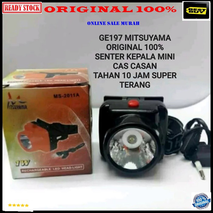 G197 Mitsuyama original 100% senter kepala pala lampu led lamp cas casan baterai putih sinar cahaya terang charge  TAHAN MAXSIMAL 10 JAM  Tersedia warna lampu: - Putih  Senter Kepala Mitsuyama dengan cahaya sangat terang, baterai internal lithium bisa