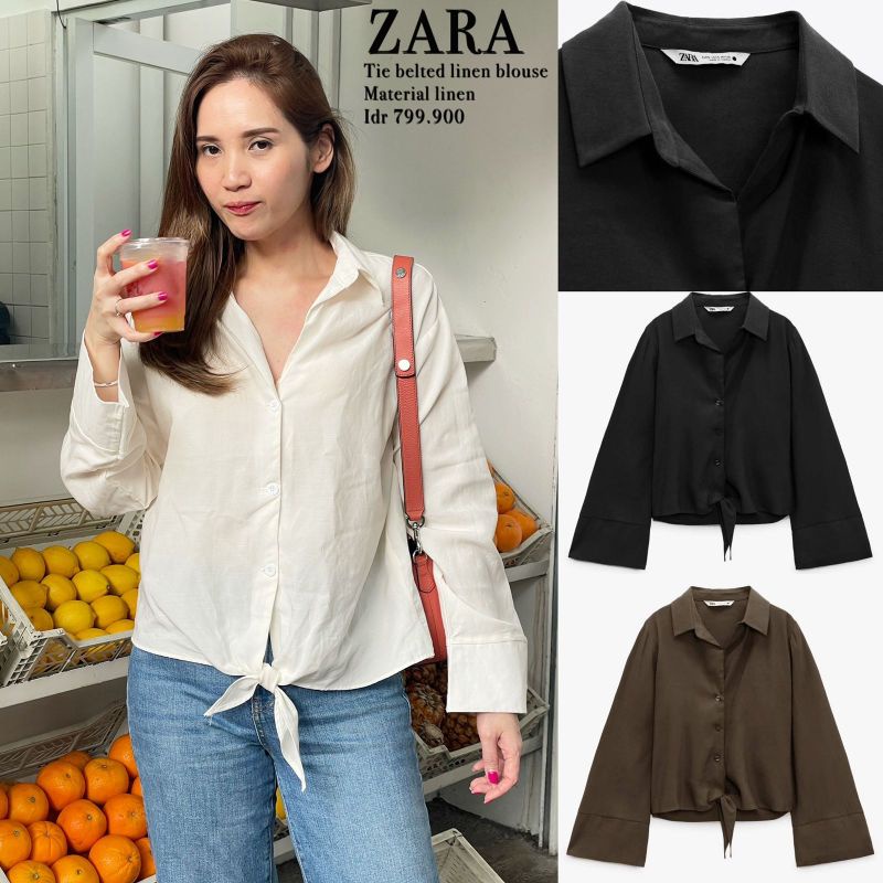 ZR linen tie belted longslevee blouse