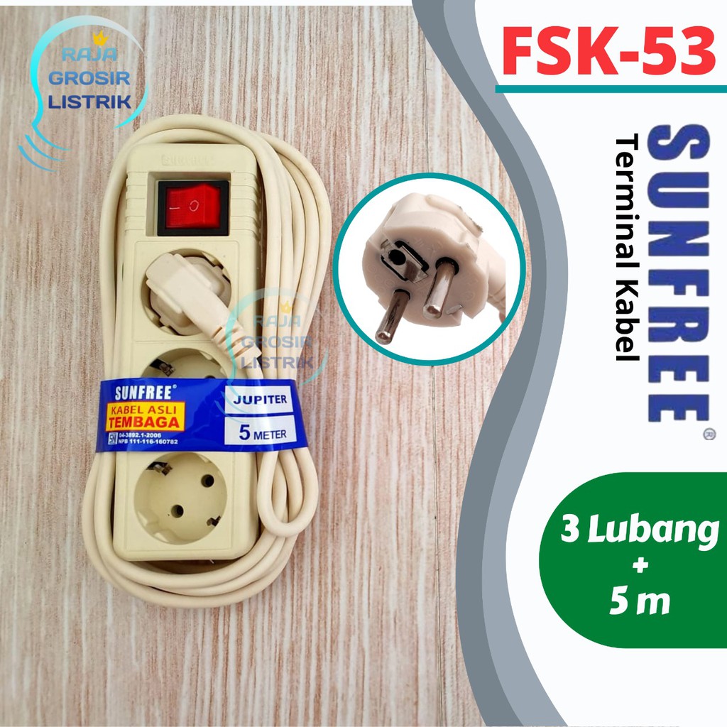 Stop Kontak Sunfree Arde 3 lubang + kabel 5 M Jupiter 53 Super Murah