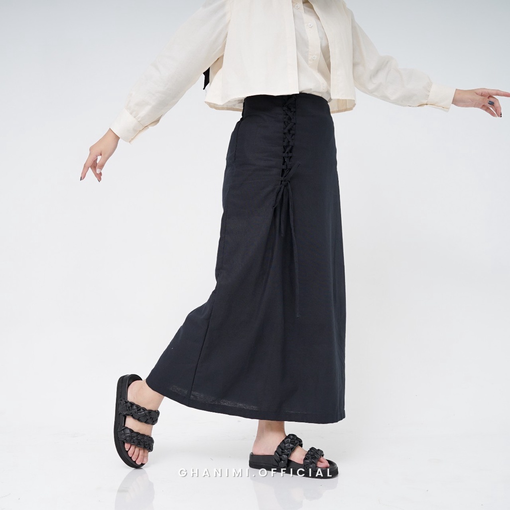 Ghanimi - Hyeri Skirt / Rok Linen Panjang / rok kondangan / rok kasual formal / rok span linen tali / rok span polos / rok vintage korean style