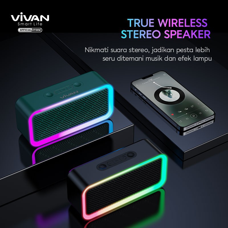 SPEAKER PORTABLE BLUETOOTH 5.0 TWS VIVAN VS6 RGB Lighting Effects Waterproof IPX5 - ORIGINAL 100%