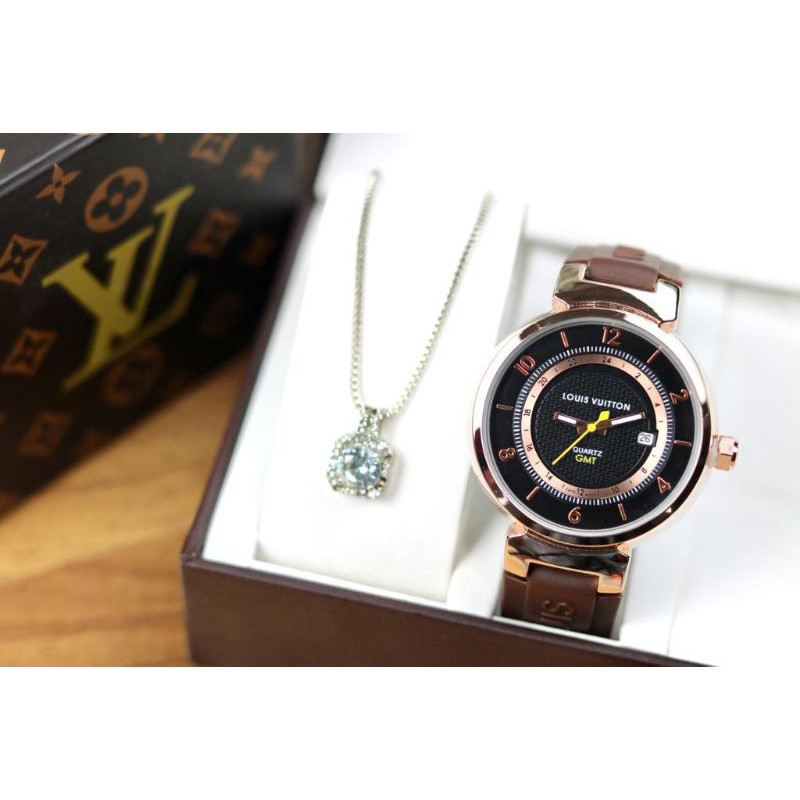 (PW)JAM TANGAN LV FASHION WANITA TALI RUBBER BONUS KALUNG+LIONTIN PREMIUM FREE BOX ORIGINAL(COD)