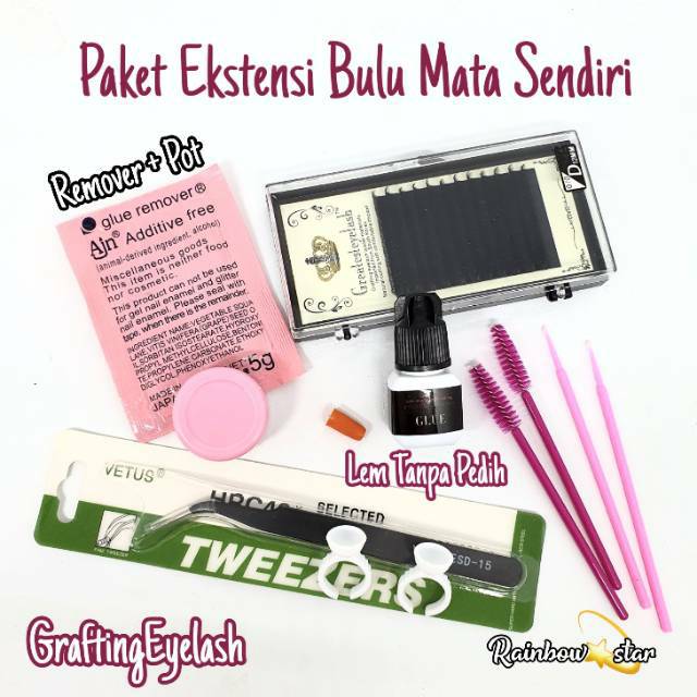 Paket Eyelash Extension / Ekstensi Bulu Mata Sendiri / Paket Lem Tanpa Pedih