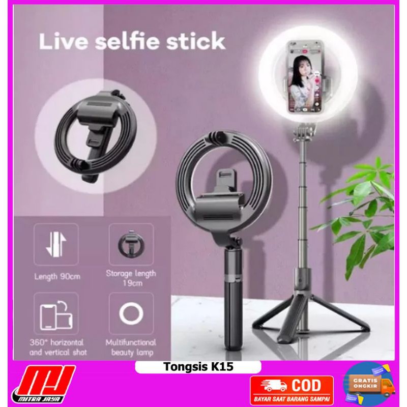 Tongsis Monopod K15 5 in 1 Tripod Ring Light Bluetooth Remote