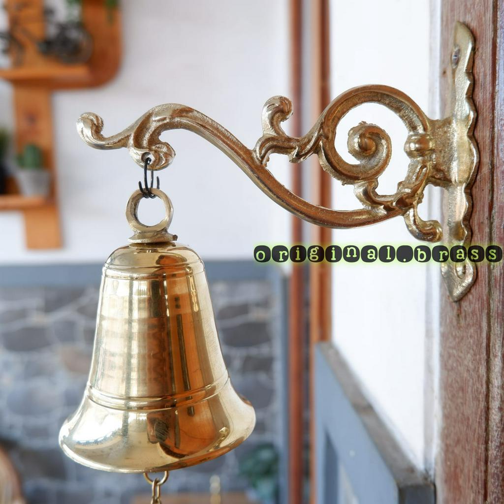 Bel Pintu Rumah Tangkai Ukir Panjang 15cm Lonceng Kuningan Diameter 8cm