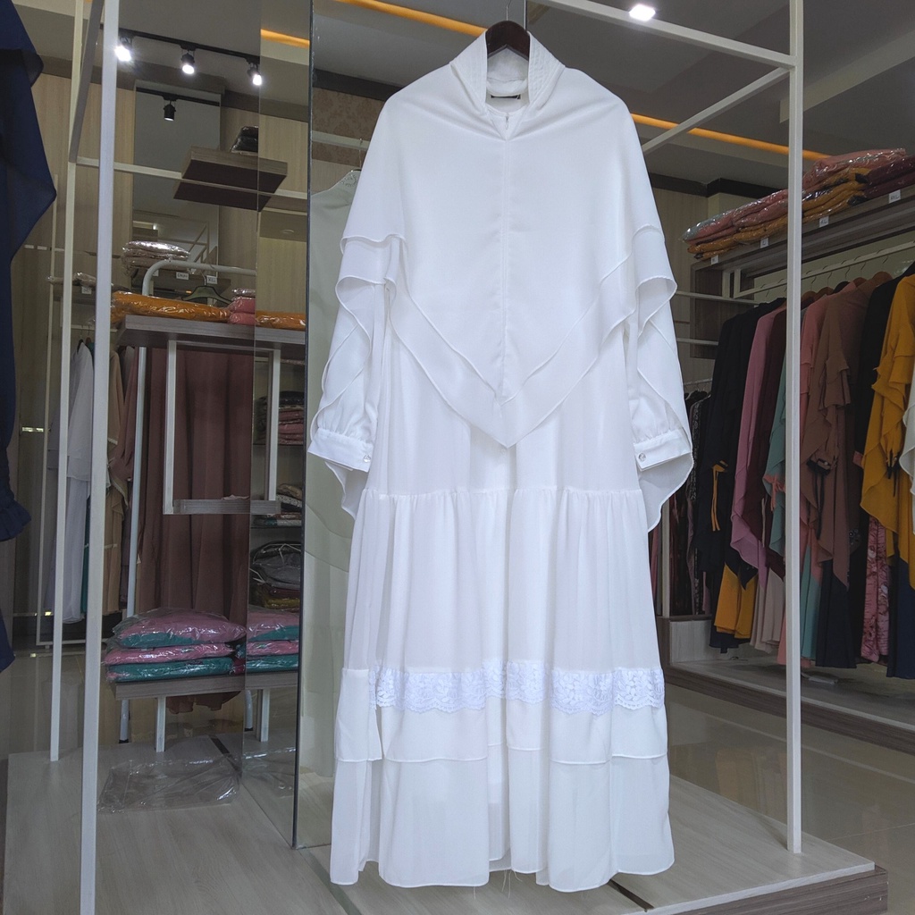 Gamis Syari Ceruty Bordir Pesta Mewah Ibu Ibu Jumbo LD 120 124 Busana Muslim Set Khimar Putih BW-Putih BW Tile