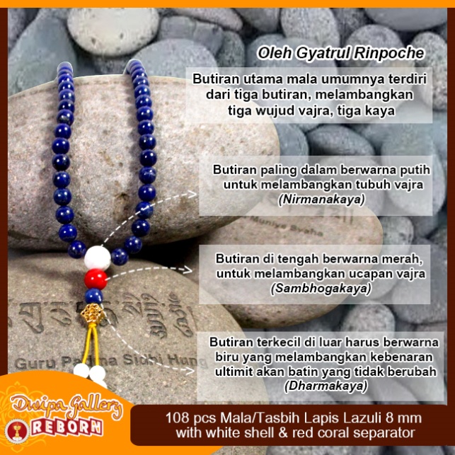 Tasbih / Mala Buddha 108 Batu Lapis Lazuli 8mm with white Shell