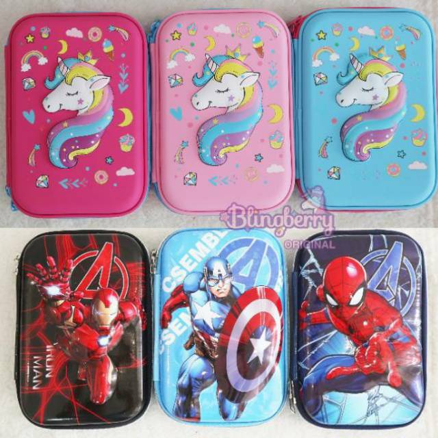 COD, ready: Tempat pensil kotak pensil 3D Unicorn Hardtop Pencil Case tempat pensil mermaid