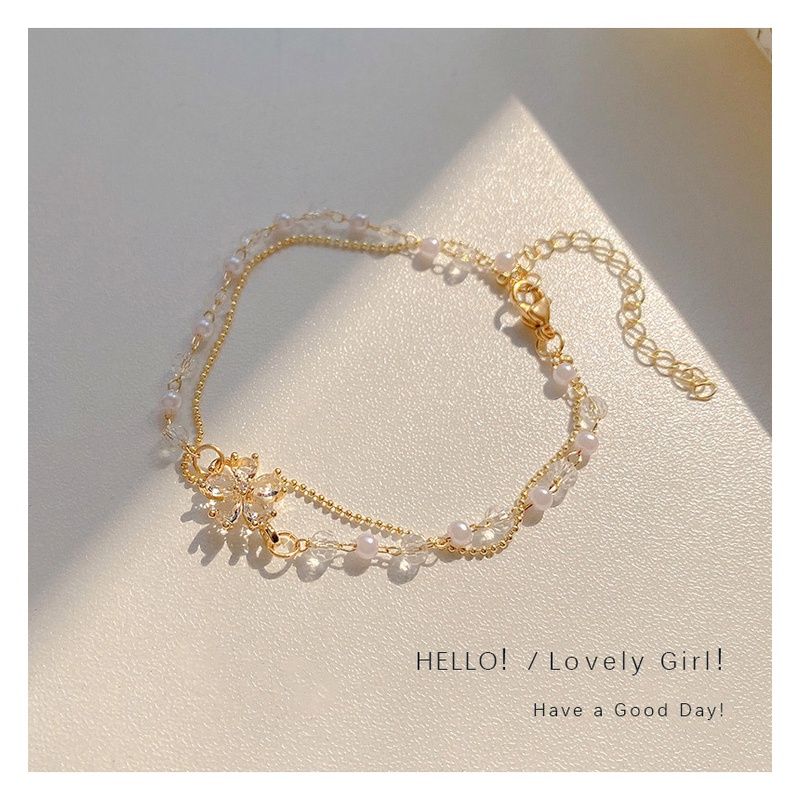 Gelang Kristal Mutiara Double Layer Desain Bunga Untuk Hadiah