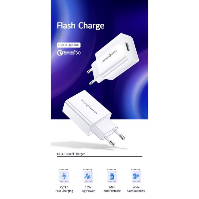 Travel Charger Fast Charging USAMS T22 Single USB QC 3.0 Travel Charger Fast Charging