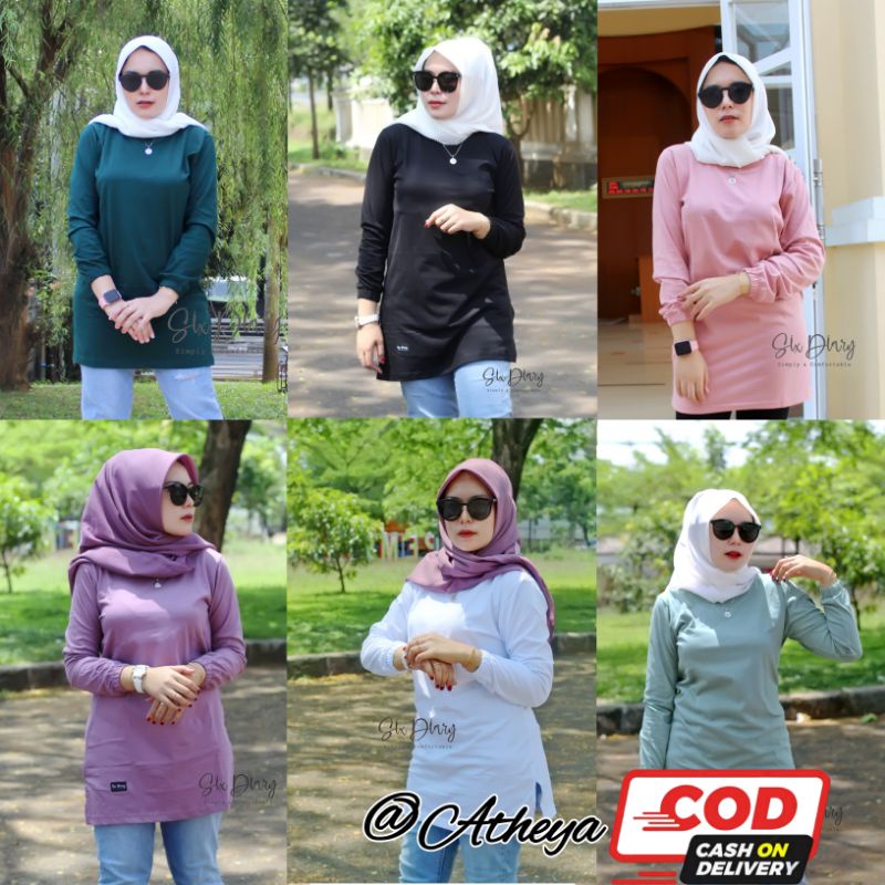 Six Diary Kaos Tunik Wanita Polos Detail Lengan Kerut Kain Katun Combed