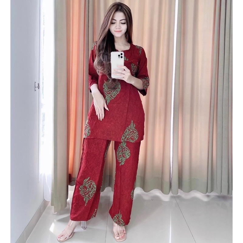 PIYAMA BATIK CAP SETELAN CELANA PANJANG-Maroon