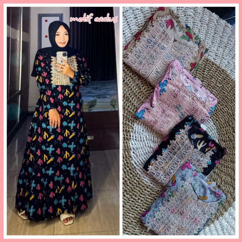 Fashion Muslim Gamis LUNA crinkle mix renda SAHARA SHARARE RAYON RENDA MOTIF kaktus etnik busui mayung terbaru promo terlaris