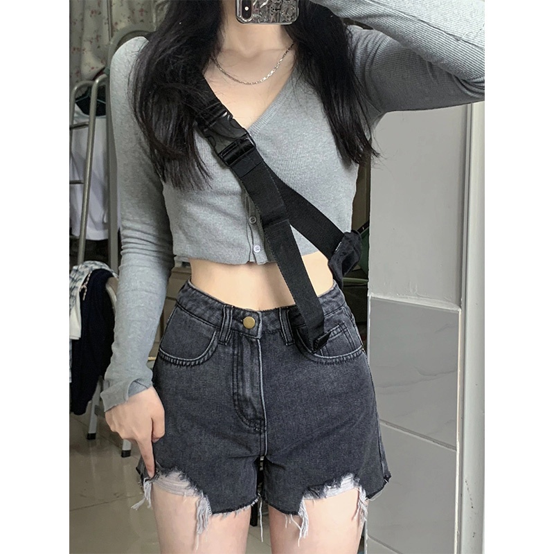 Hot pants jeans wanita sobek celana pendek high waist wanita ripped jeans cewek kekinian 2023