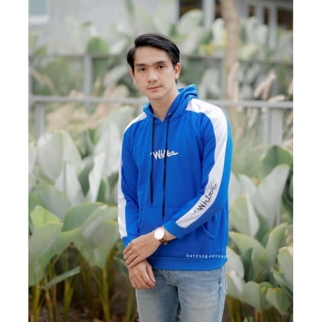 HOODIE 'WHITE' FASHION DISTRO 2 WARNA BIRU&amp;PUTIH size L