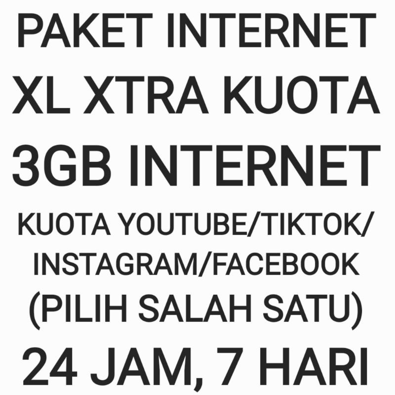 Paket Internet XL Xtra Kuota Sosmed Sosial Social Media 3GB 7Hari Minggu Seminggu Mingguan 24Jam Dat
