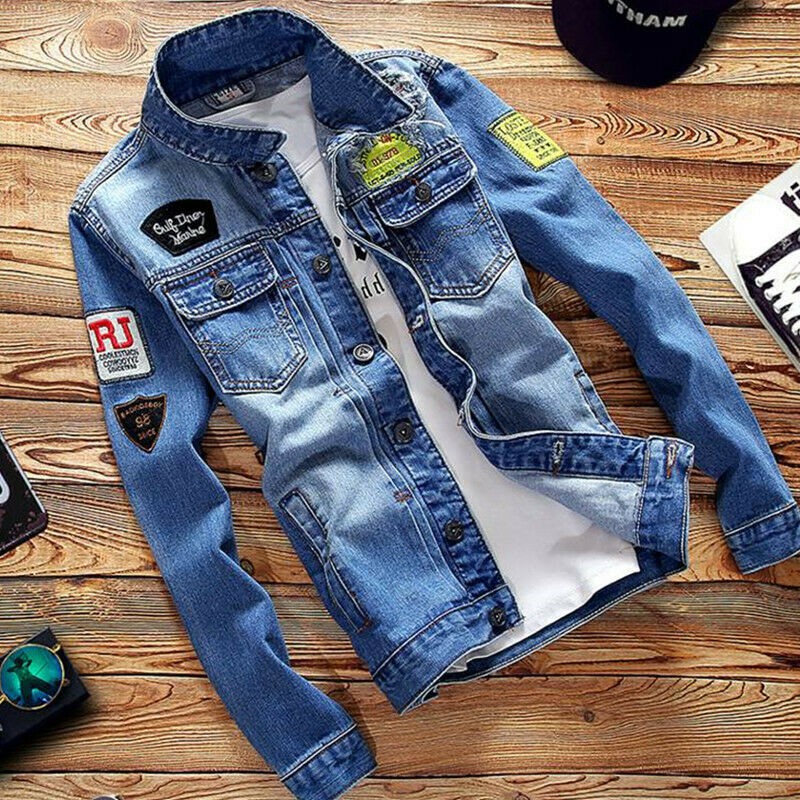 JAKET JEANS PRIA JAKET DENIM KOREA  PRIA TERBARU JAKET LOGO JAKET EMBLEM JAKET SOBEK JAKET BOMBER JA