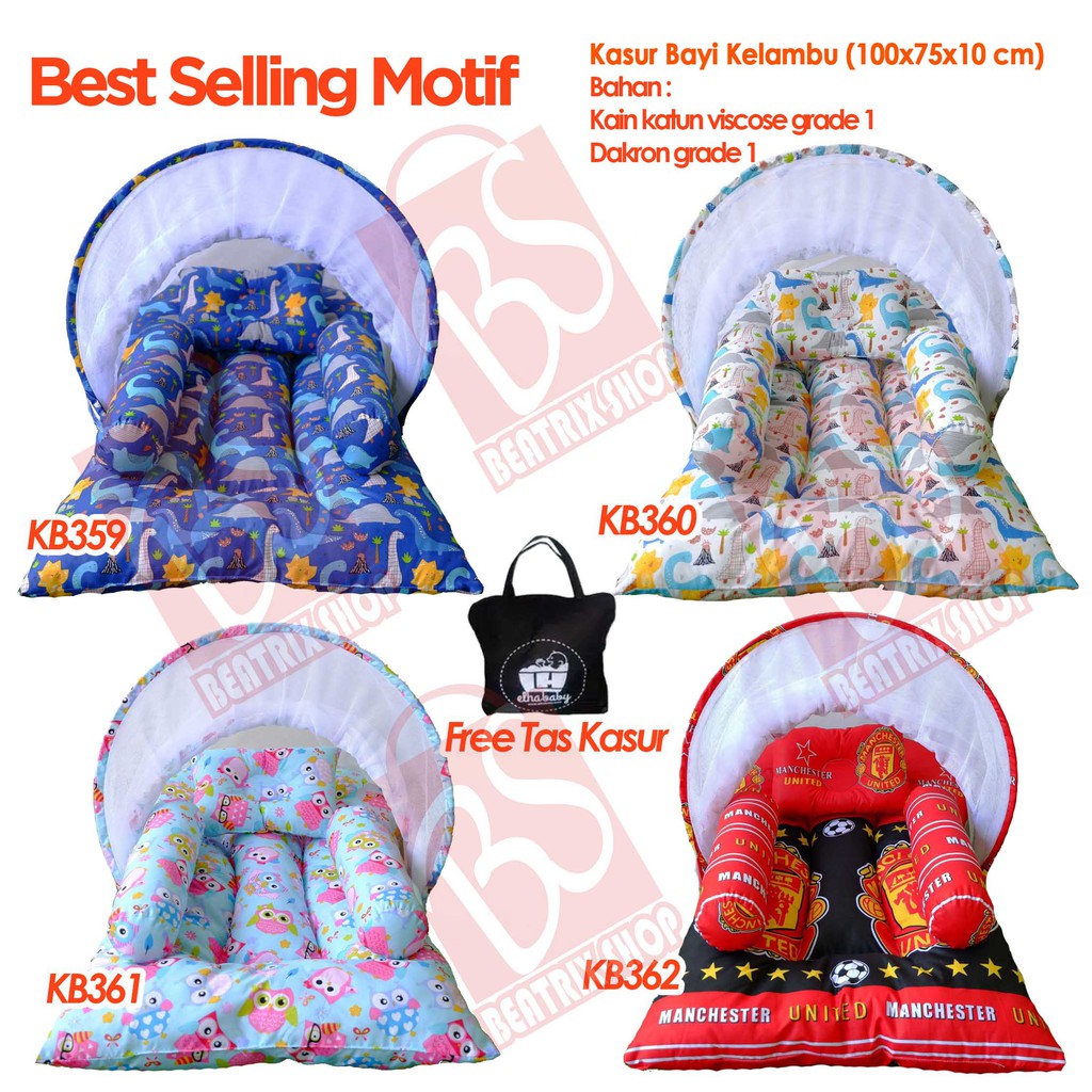 Kasur Lipat Bayi Set Kelambu Bantal Guling | Tempat Tidur Anak Baru Lahir Motif Lucu Bonus Tas 80