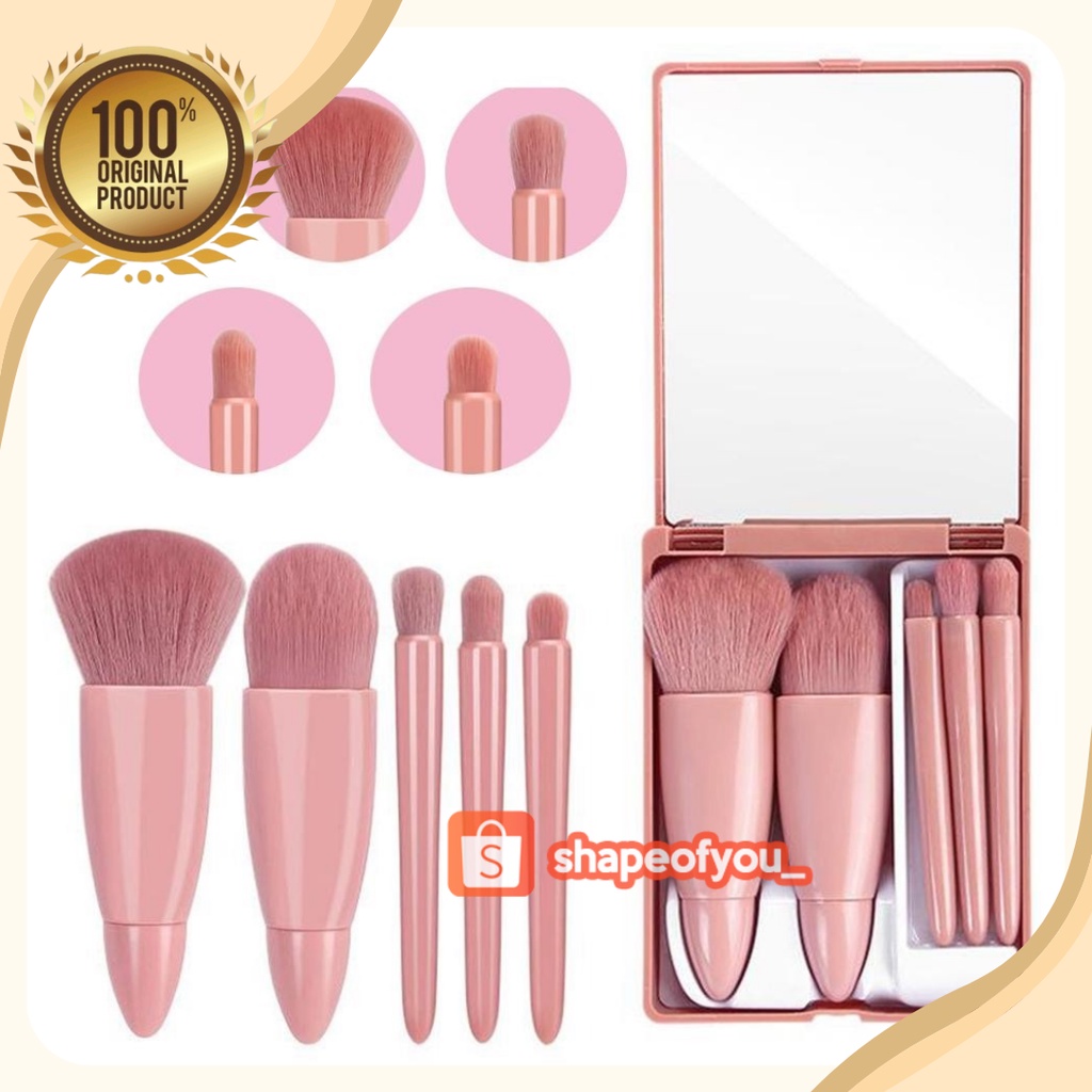 Kuas Rias Makeup Set 5in1 Premium Brush Lembut Desain Kekinian Ada Kaca Warna Coklat Kuas Rias Korea