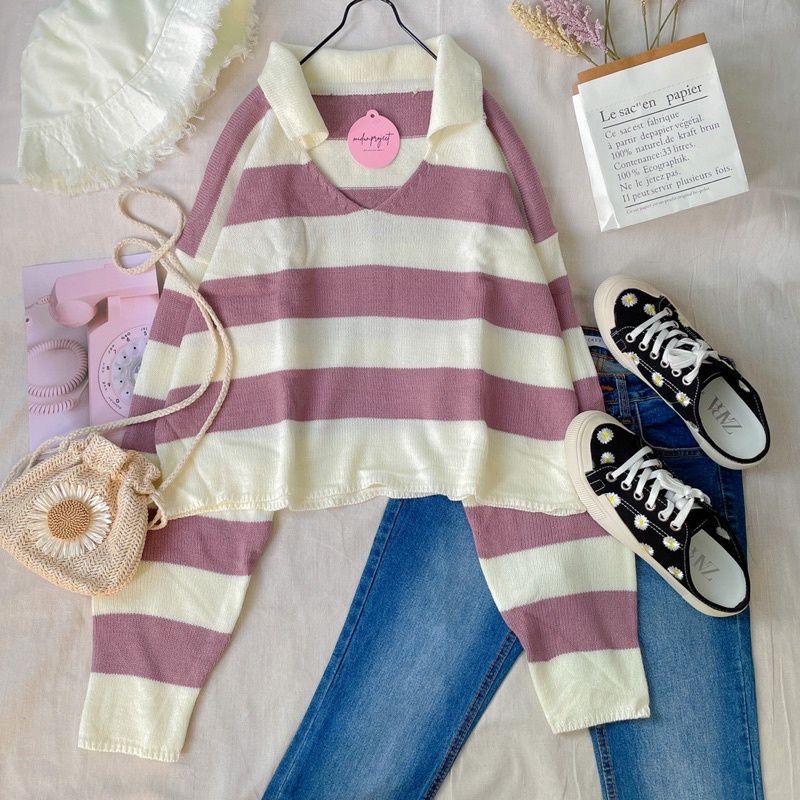 Sweater Rajut Wanita Atasan Crop Top Blaster Stripe