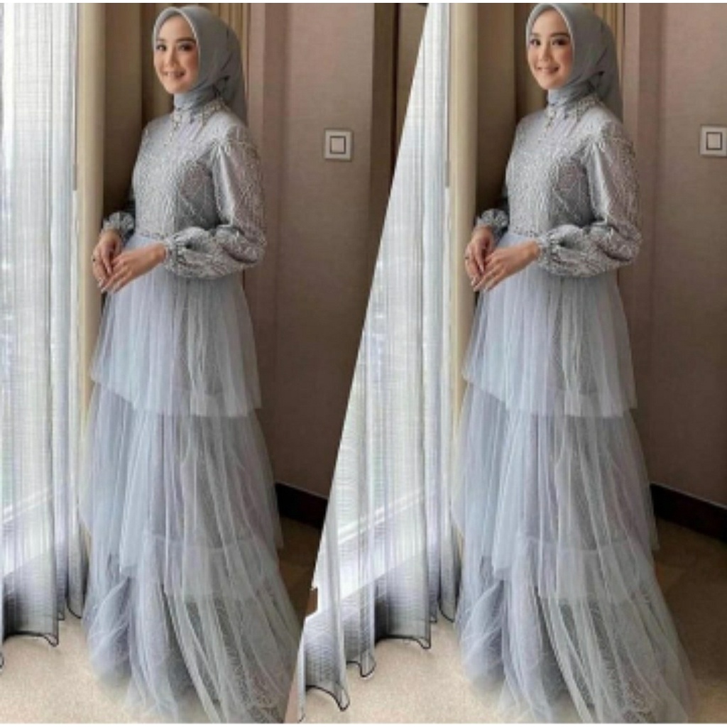 AR 9 - DRESS ANJANI TERBARU BAJU MUSLIM PESTA BAHAN BRUKAT GLITER KOMBI TILE TANPA PASMINA