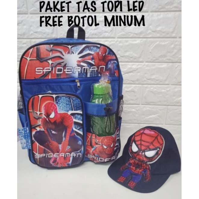 Tas ransel anak laki-laki karakter spiderman gratis topi led botol minum - tas anak