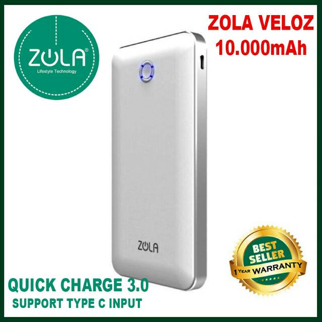 Zola Veloz QC 3.0 10000mAh Powerbank Quick Charge 3.0 Original - White