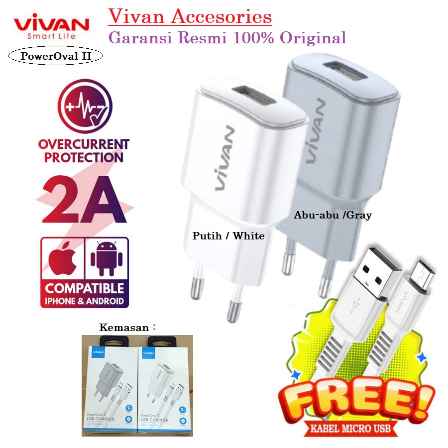 Vivan Adaptor Charger Power oval ll 2A batok charger single USB