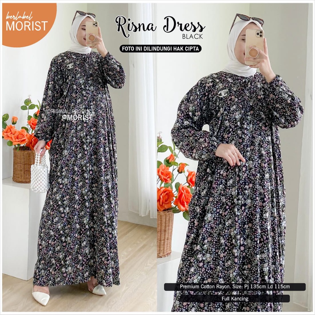 Risna Black Dress Gamis Premium Original Morist Berlabel