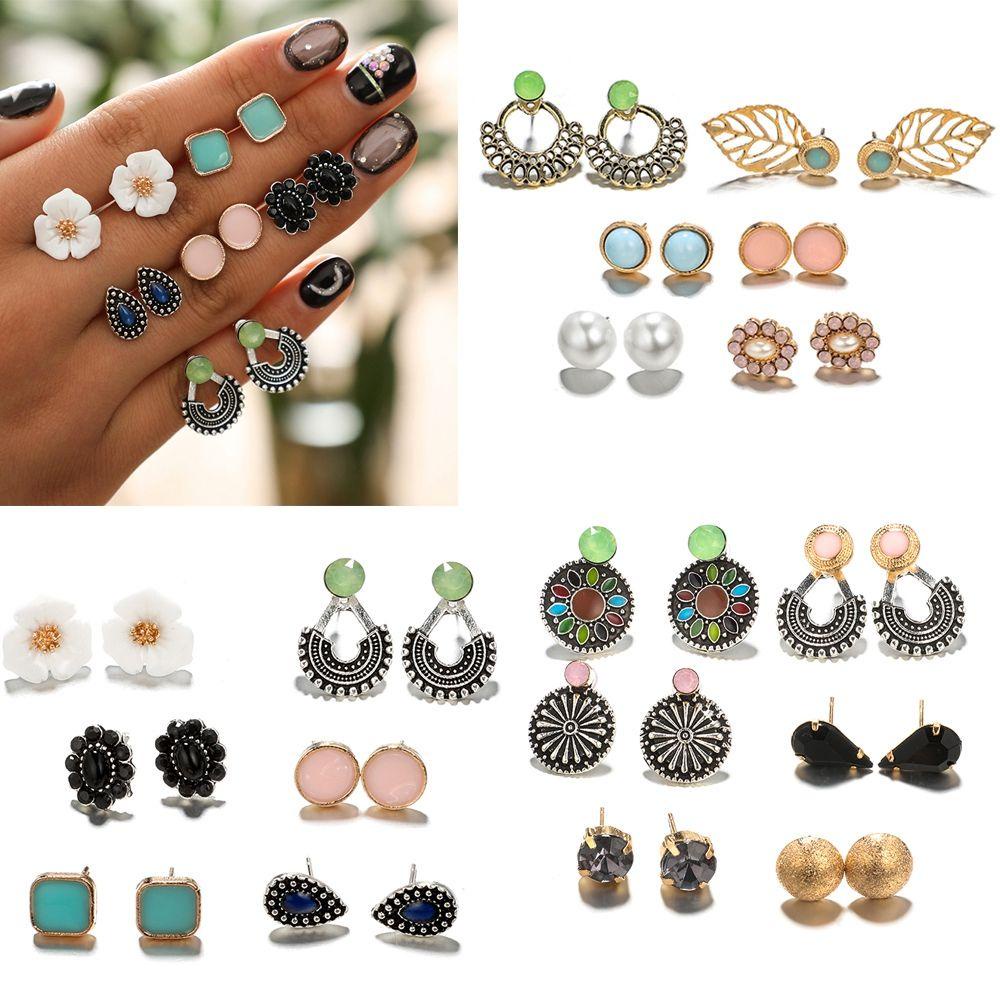 Nanas 6pasang/1set Set Anting Bunga Vintage Set Perhiasan Berlian Imitasi Berongga Keluar Daun