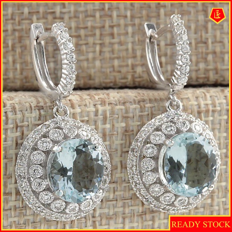 [Ready Stock]Luxury Inlaid Blue Topaz Earrings Micro-Inlaid Full Diamond