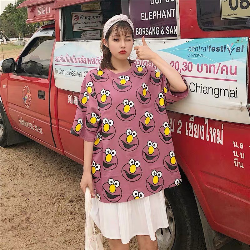 Oversize Tee Tshirt Model Longgar Untuk Wanita Motif Elmo