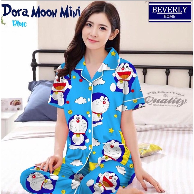 BJ - Piyama CP Wanita Murah - Bahan Katun - Baju Tidur Lengan Pendek Motif Karakter-Emon Moon Mini Biru