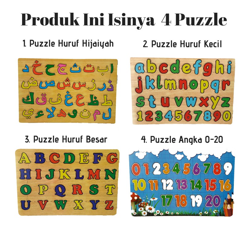 Rapid Toys Isi 4 / Paket Puzzle Kayu Edukasi Kualitas SNI / Huruf Hijaiyah Besar Kecil Dan Angka