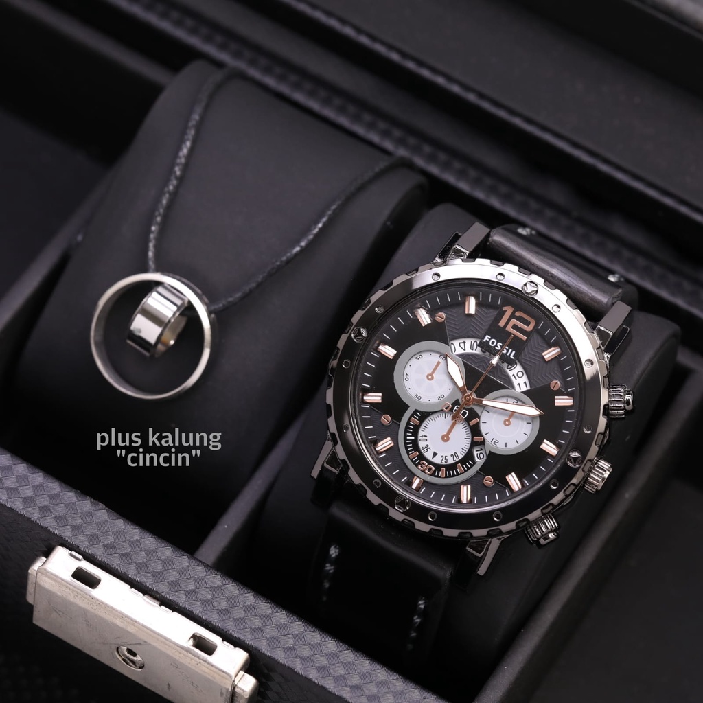 Jam Tangan Pria Fashion L4852S Tali Kulit Tanggal Aktif Chrono Variasi Free Box Kalung &amp; Baterai