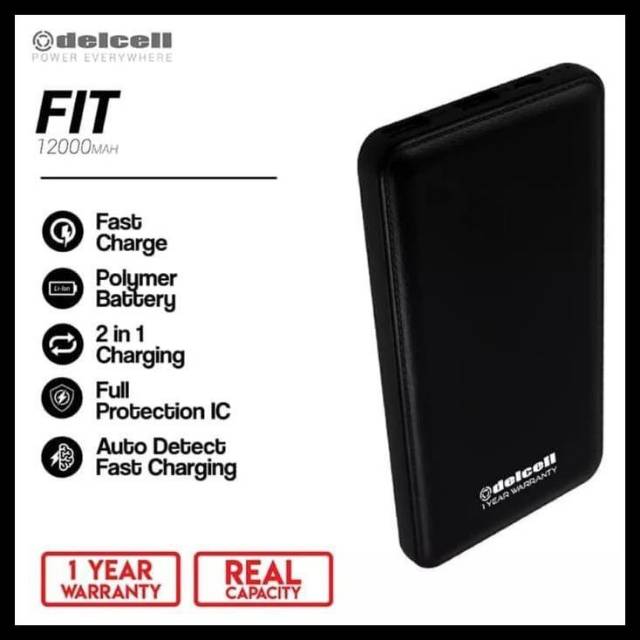 Delcell Fit Powerbank 12000mAh Real Capacity Polymer Baterai - Black