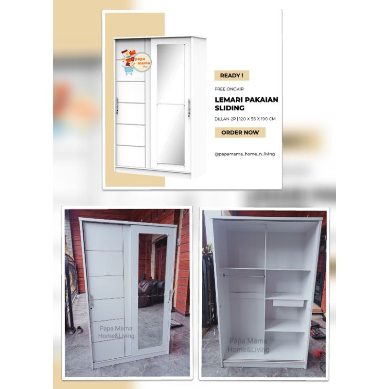 Lemari Pakaian Sliding Putih 2 pintu - Lemari Baju Pintu Sorong - Lemari Pakaian 2p Dillan - Medan