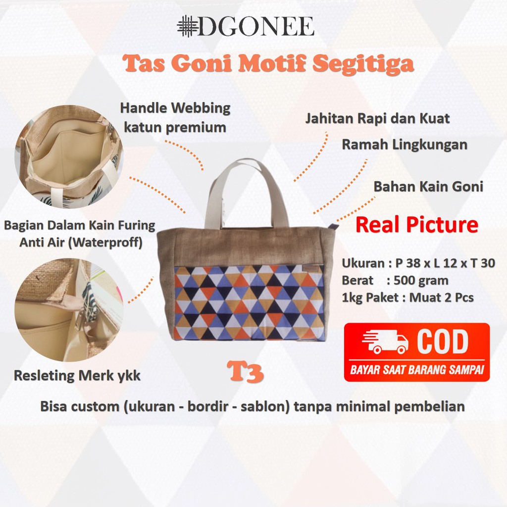 Dgonee T3 Motif Segitiga Tas  Totebag Kain Goni Belanja Kerja Kuliah Wanita Cewek Custom | T310