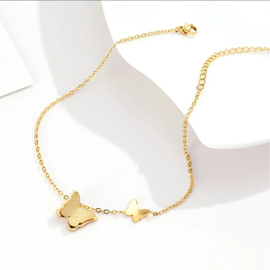 Gelang Tangan Titanium Aksen 2 Kupu - Kupu Warna Rosegold, Gold dan Silver