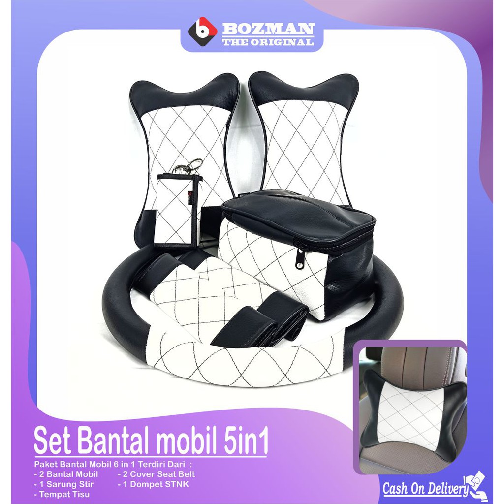 Set Bantal Mobil 5 in 1 Bantal Mobil Seatbelt Sarung Stir Dompet STNK Tempat Tissue Premium