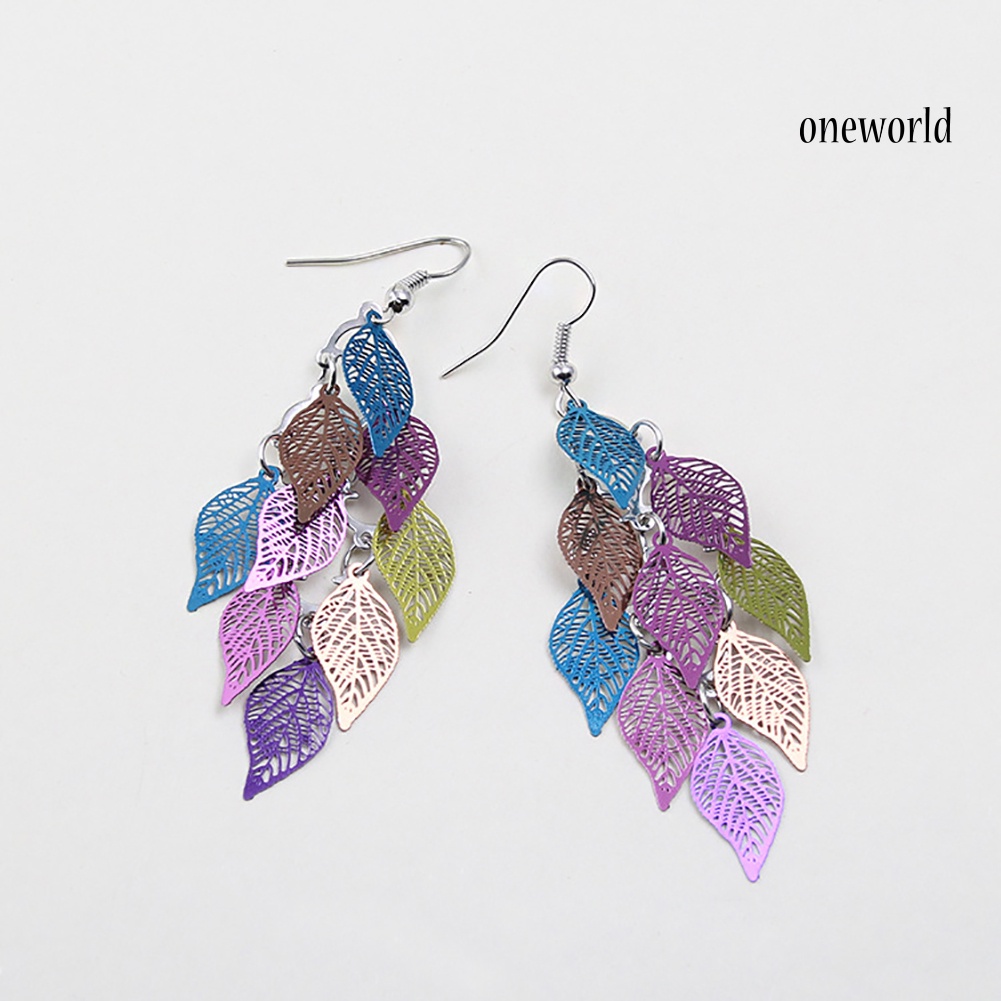 OW@ Lady Colorful Multi Layers Hollow Leaf Elegant Hook Earrings Jewelry Decor